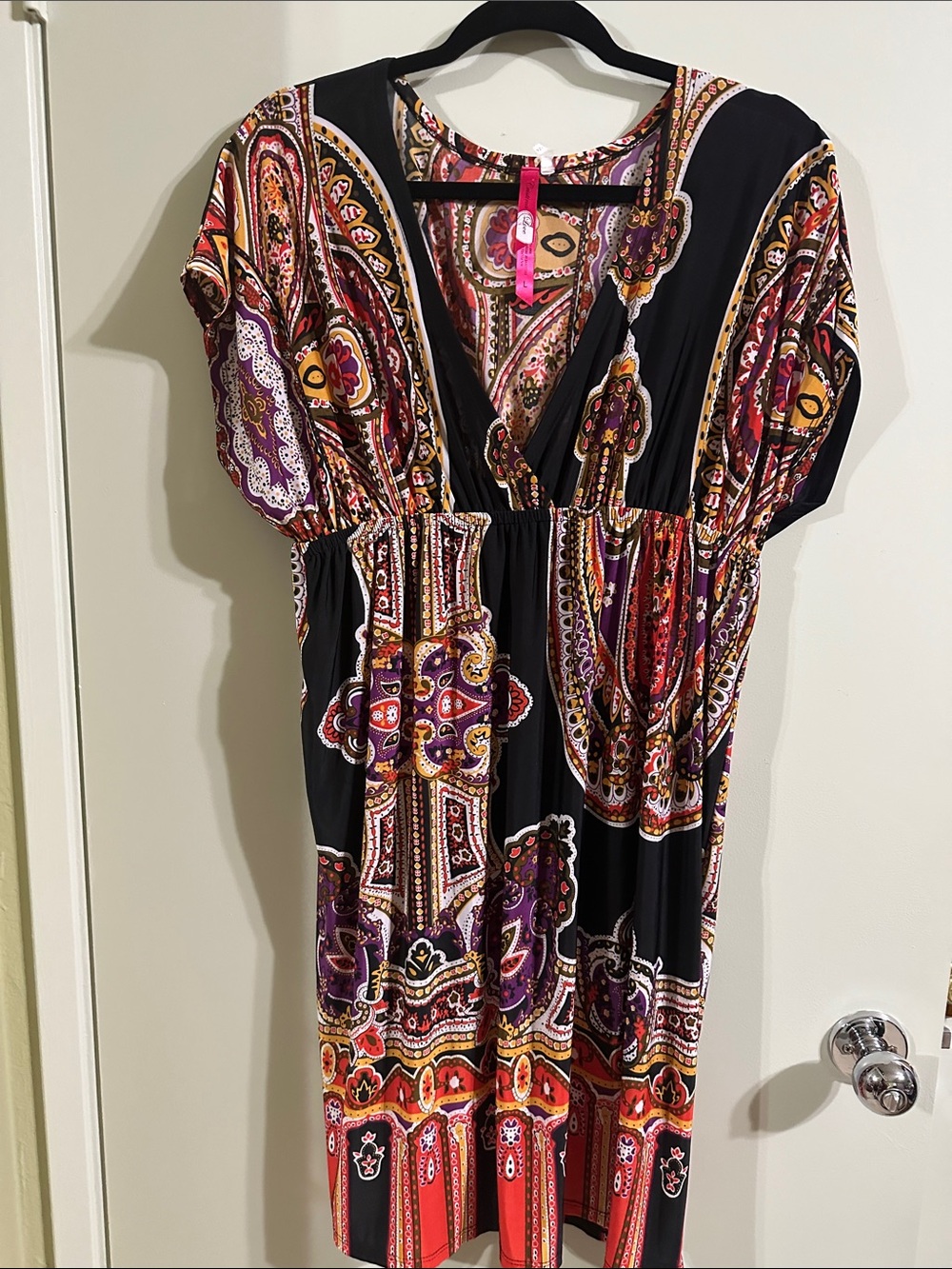 Cristinalove Black Paisley V-Neck Midi Dress with Purple & Red Accents